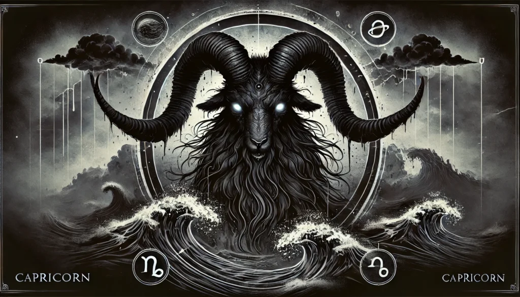 "A minimalistic and artistic representation of Capricorn in the Dark Zodiac. The image features a shadowy Leviathan figure blending a sea serpent and a goat, with glowing deep grey eyes, set within a circular background of dark grey and black hues. Subtle Saturn symbols and water motifs are incorporated, emphasizing Capricorn’s resilience, ambition, and mastery. The aesthetic is clean, striking, and commanding, reflecting the archetype of 'The Leviathan.'"