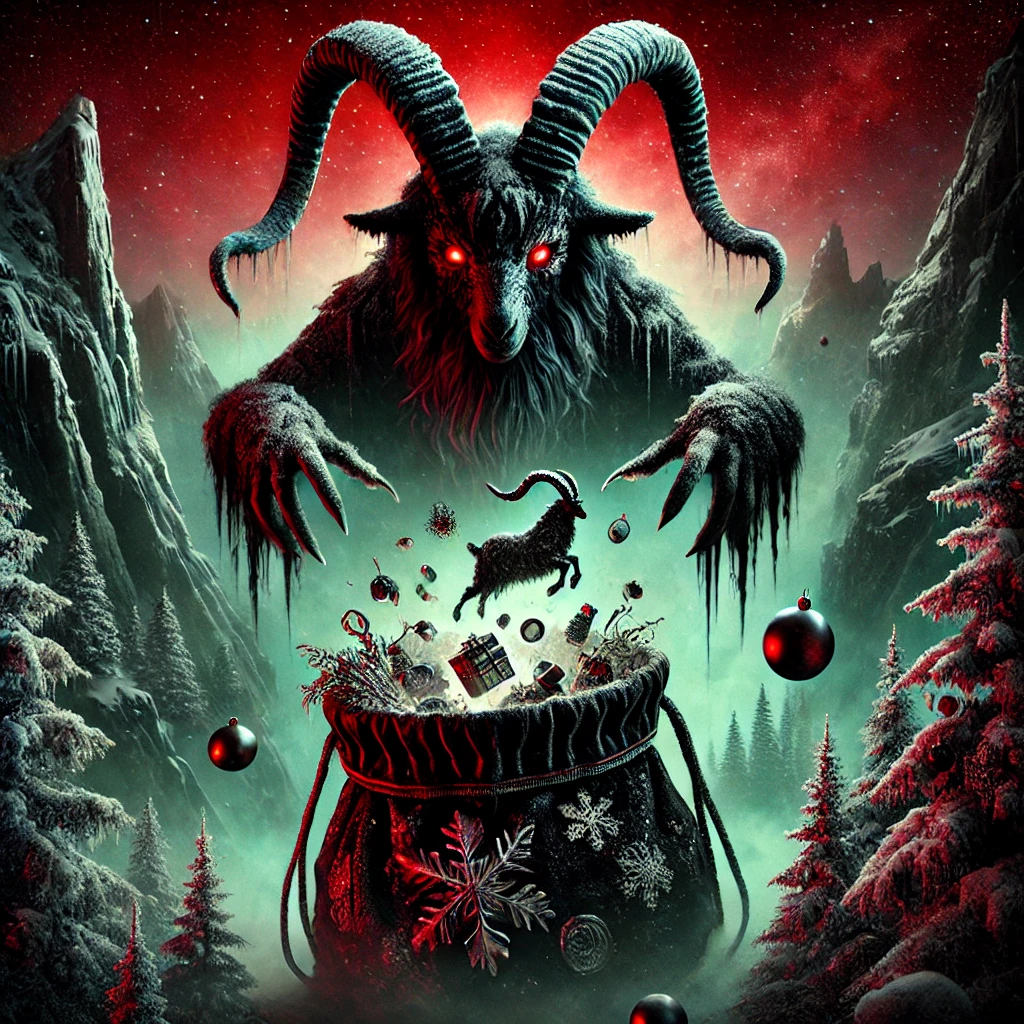 Capricorn – The Shrouded Goat. It features a shadowy goat with twisted, ice-crusted horns and glowing red eyes, perched atop a craggy, snow-covered cliff. At its hooves lies a bottomless Christmas stocking, glowing with eerie cracks as trinkets, coins, and ornaments fall endlessly into its depths. The foggy, snow-drenched mountain landscape and bold red-green glow add to the grand, mystical, and unsettling atmosphere. 