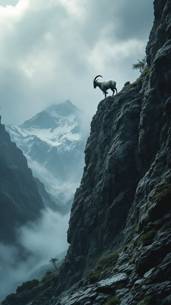 A mountain goat standing on a rocky cliff overlooking a misty valley from horoscope weekly