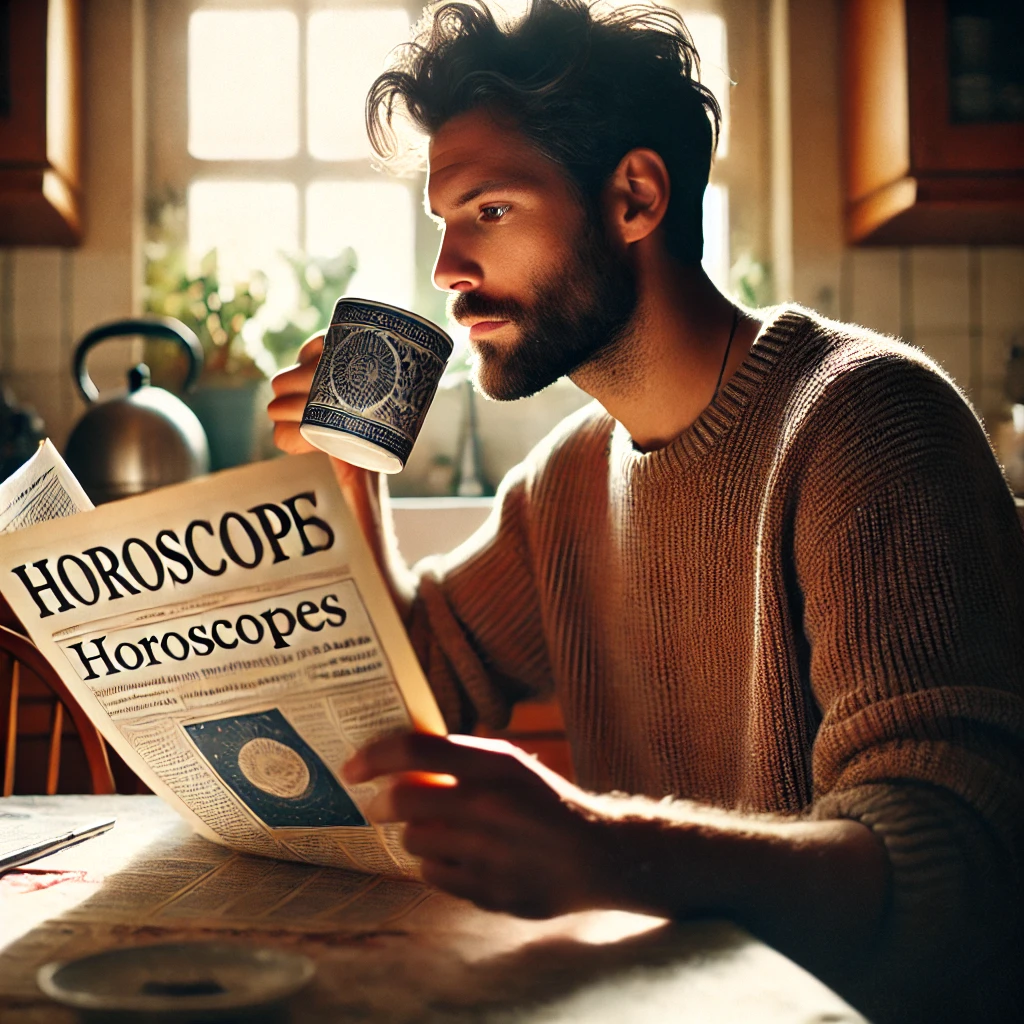 an image of a man reading the daily horoscopes section of a newspaper at a cozy breakfast table. 