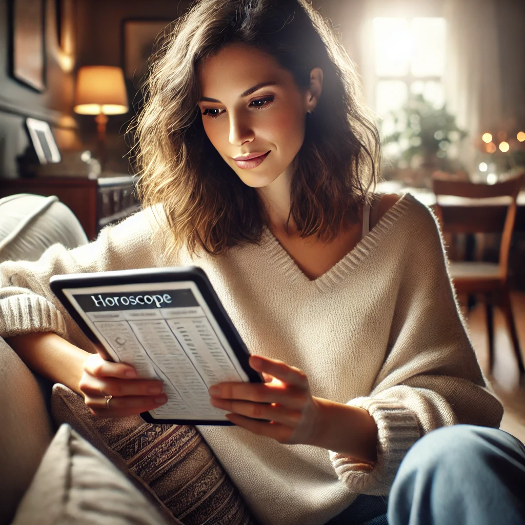 an image of a woman checking her daily horoscopes on a tablet device while sitting comfortably on a sofa. The scene evokes a sense of calm reflection and personal discovery