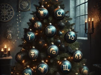 Dark Zodiac Christmas tree with baubles representing the 12 signs of the zodiac