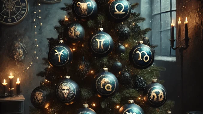 Dark Zodiac Christmas tree with baubles representing the 12 signs of the zodiac