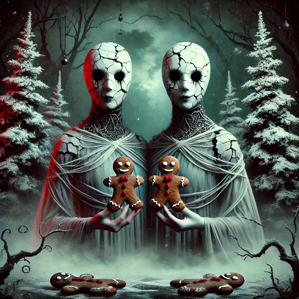 Gemini – The Twinned Trickster from the Creepy Christmas Horrorscopes. It features twin ghostly figures with cracked porcelain masks, standing side-by-side in a foggy, snow-dusted forest. Each holds a twin gingerbread cookie with broken arms that magically reattach. Their distorted reflections in the snow add to the eerie, festive vibe.