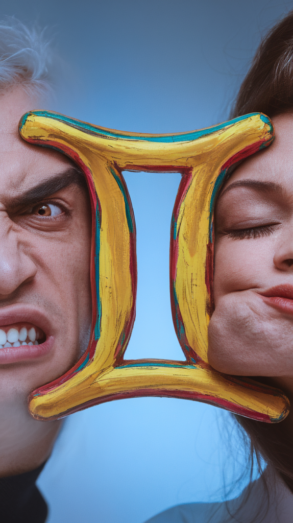 A striking image illustrating the duality of Gemini, featuring a man showing anger and a woman displaying calmness, framed by the Gemini symbol. ENVY is  one of 7 deadly sins.