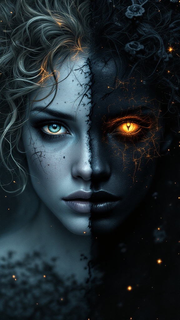 A striking portrait showing a face split between light and dark, symbolizing duality.