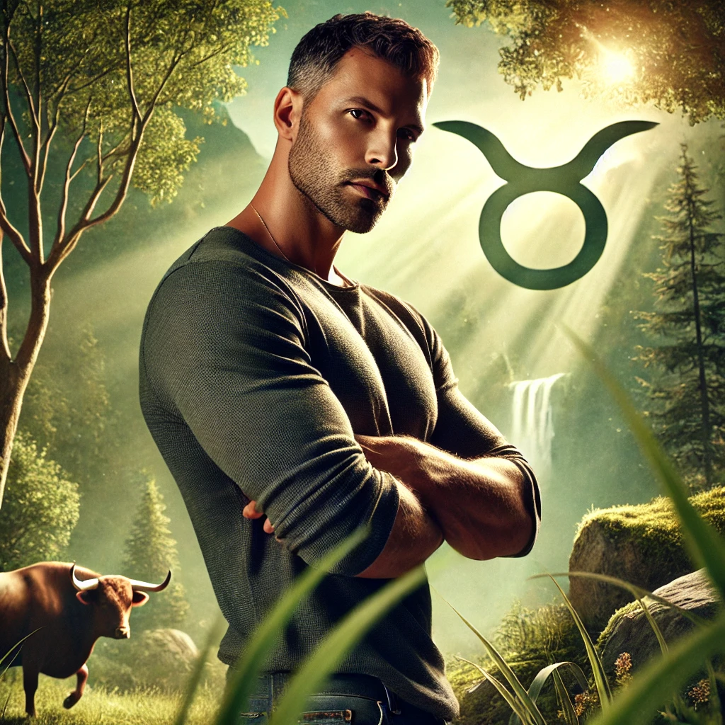  image of a strong, confident man embodying the essence of the horoscope of Taurus. Surrounded by natural elements, he reflects Taurus' grounded energy, strength, and calm demeanor. 