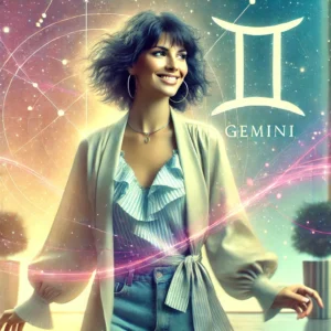  image of a vibrant, charismatic woman embodying the lively spirit in this horoscope of Gemini. Her playful smile, stylish attire, and energetic pose reflect Gemini’s dynamic, curious, and adaptable nature. Subtle nods to the Twins symbol add a cosmic touch.