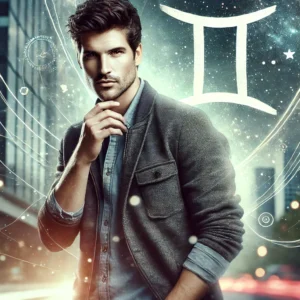  image of a confident, charismatic man embodying the lively energy of the horoscope of Gemini. His thoughtful, playful expression, dynamic pose, and subtle nods to the Twins symbol perfectly capture Gemini’s quick-witted, ever-curious essence. 