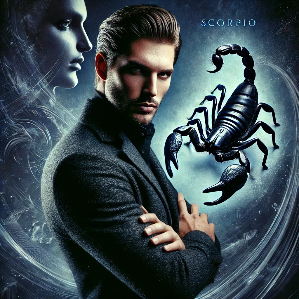 image of a powerful, intense man embodying the magnetic energy of the Horoscope of Scorpio. His piercing gaze, commanding pose, and mysterious background perfectly capture Scorpio’s depth, passion, and transformative nature.