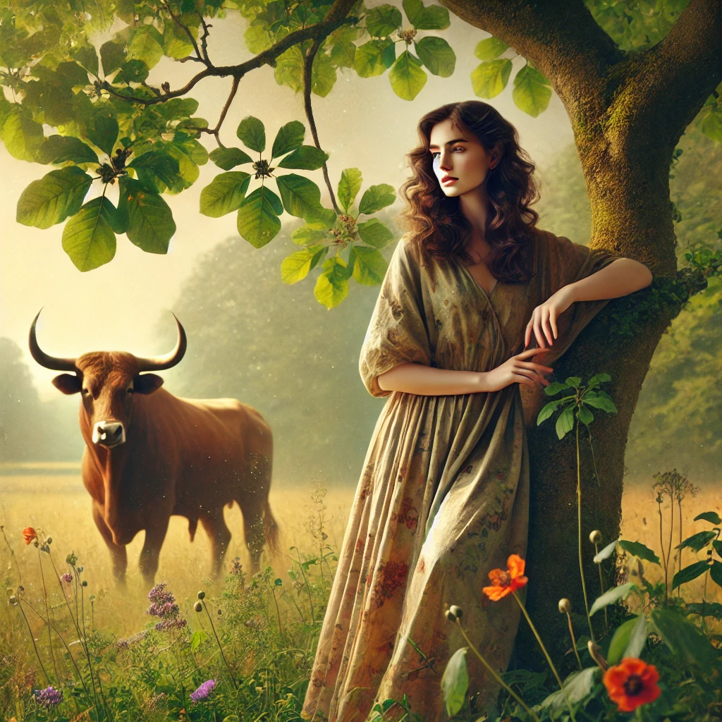 image of a serene, confident woman embodying the essence of Taurus. The lush natural setting, blooming flowers, and subtle presence of a symbolic bull in the background perfectly capture the strength, stability, and connection to nature that defines the horoscope of Taurus energy. 