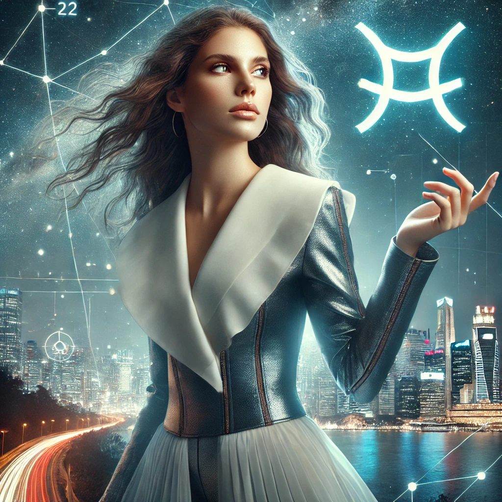 image of a visionary, independent woman embodying the forward-thinking energy of Aquarius. Her futuristic attire, bold pose, and connection to the Water Bearer symbol perfectly capture the horoscope of Aquarius’s spirit of innovation, individuality, and limitless potential. 