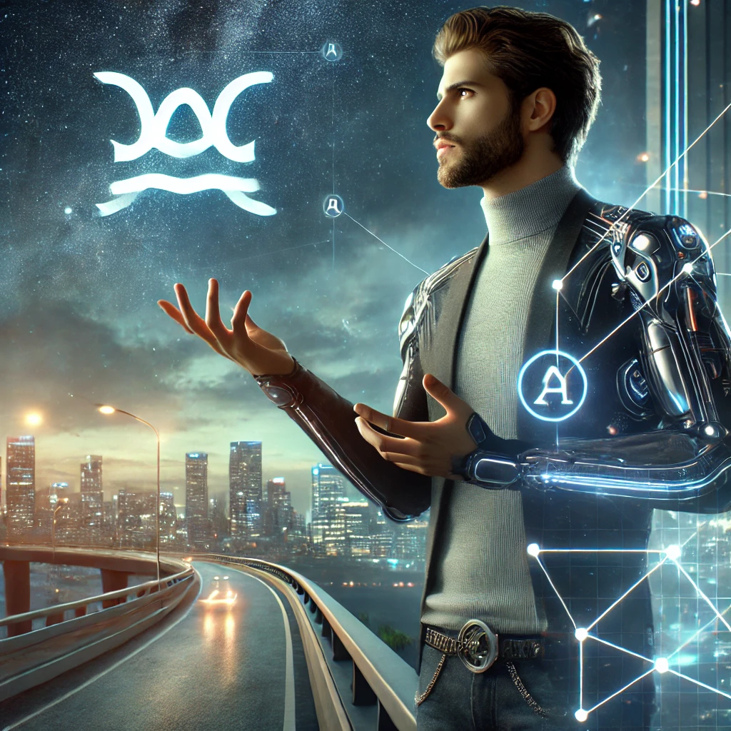 image of a visionary, independent man embodying the forward-thinking energy of Aquarius. His futuristic surroundings, modern attire, and symbolic connection to the Water Bearer perfectly capture the horoscope of Aquarius’s spirit of innovation, individuality, and limitless potential.