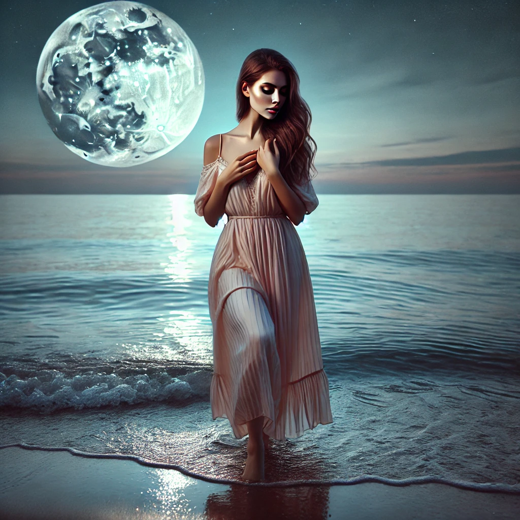  image of a serene, introspective woman embodying the nurturing, intuitive energy of the horoscope of Cancer. The ocean shore, soft moonlight, and her thoughtful pose perfectly reflect Cancer’s connection to the Moon, water, and emotional depth.