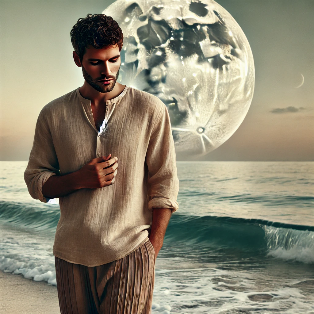 image of a serene, thoughtful man embodying the nurturing energy of the horoscope of Cancer. With the ocean, moonlight, and gentle waves in the background, this image perfectly reflects Cancer's emotional depth, intuition, and connection to water and the Moon. 