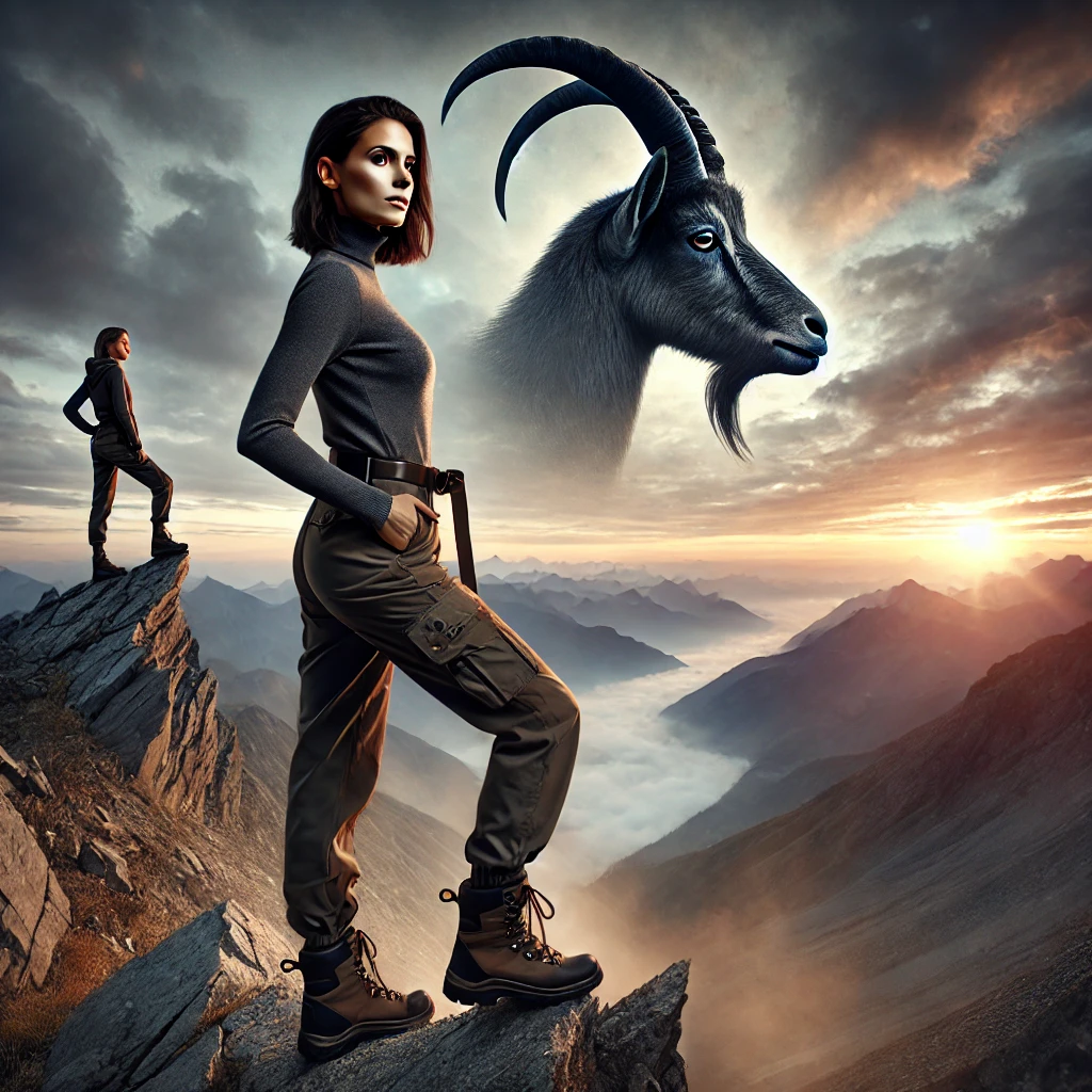 image of a strong, determined woman embodying the ambitious energy of Capricorn. Her confident pose, rugged outdoor attire, and mountain peak setting perfectly symbolize the horoscope of Capricorn’s patience, discipline, and steady climb to success.