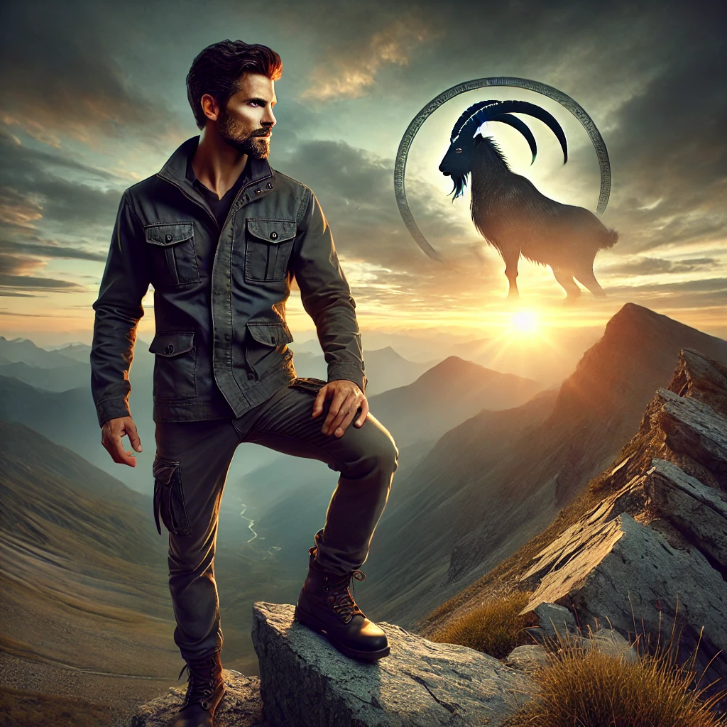 image of a strong, determined man embodying the ambitious energy of Capricorn. His commanding pose, rugged attire, and symbolic mountain setting perfectly capture the horoscope of Capricorn’s drive for success, patience, and steady climb to greatness.