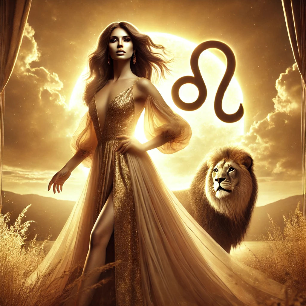 image of a majestic, confident woman embodying the radiant energy of the horoscope of Leo. The golden sunlit background, regal pose, and subtle lion symbolism perfectly capture Leo’s essence of strength, courage, and connection to the Sun. 