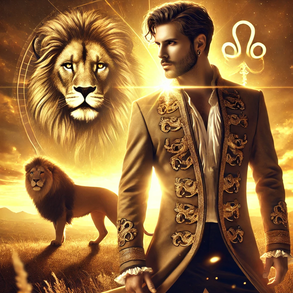 image of a powerful, confident man embodying the bold, regal energy of the horoscope of Leo. The golden sunlit background, commanding pose, and subtle lion imagery perfectly capture the horoscope of Leo’s connection to strength, leadership, and the Sun.