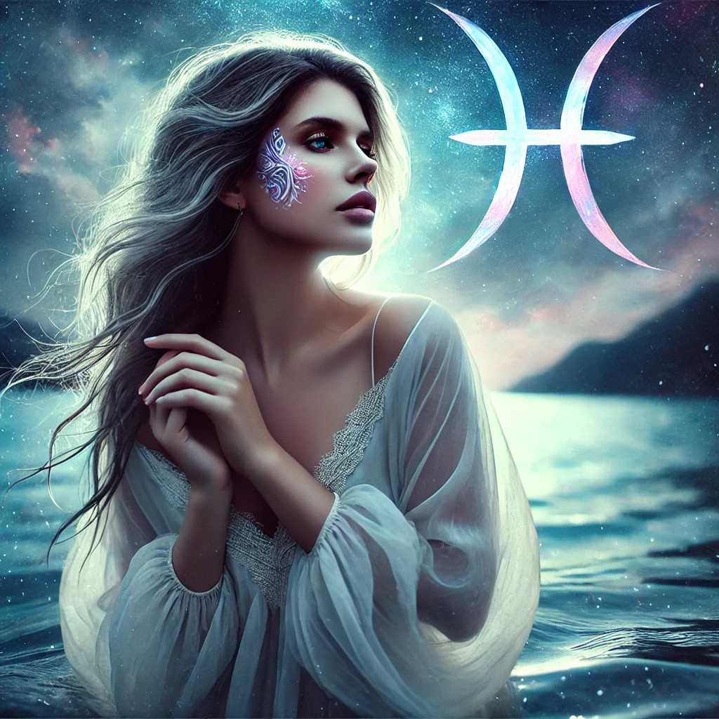 image of a dreamy, intuitive woman embodying the mystical energy of Pisces. Her serene pose, flowing ethereal dress, and connection to the water perfectly capture the horoscope of Pisces’s emotional depth, intuition, and dreamlike wonder.