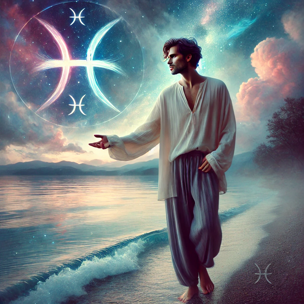 image of a dreamy, intuitive man embodying the mystical energy of the horoscope of Pisces. His serene pose, flowing attire, and connection to the ocean perfectly capture Pisces’s emotional depth, intuition, and dreamlike wonder.