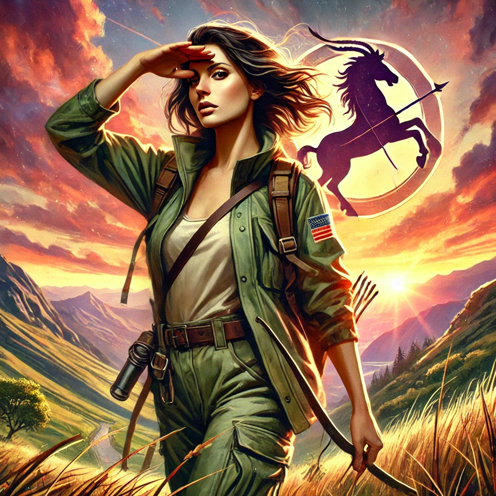 image of a bold, adventurous woman embodying the free-spirited energy of Sagittarius. Her confident pose, travel-ready attire, and expansive natural landscape perfectly capture the horoscope of Sagittarius’s love for exploration, freedom, and boundless possibilities.