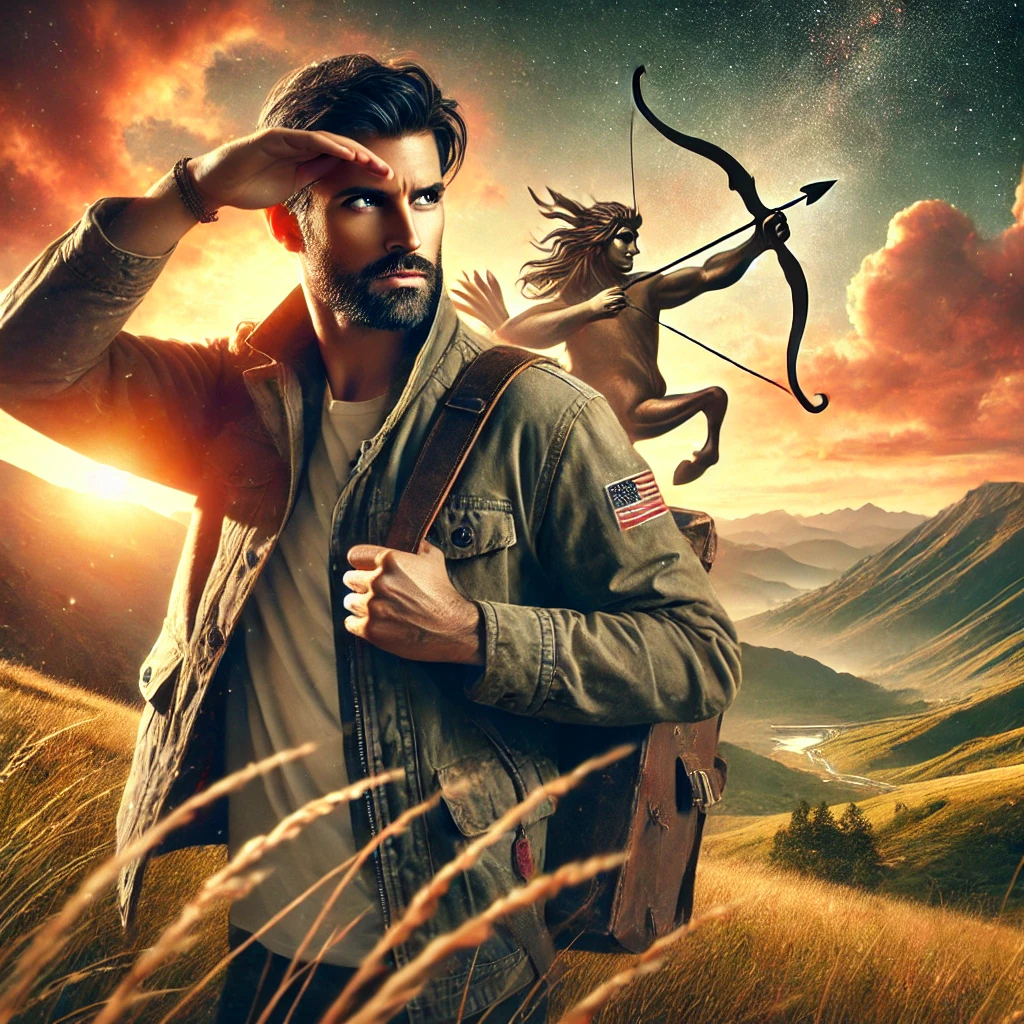 image of a bold, adventurous man embodying the free-spirited energy of the horoscope of Sagittarius. His dynamic pose, rugged travel-ready attire, and expansive natural landscape perfectly capture Sagittarius’s love for exploration, freedom, and boundless possibilities.