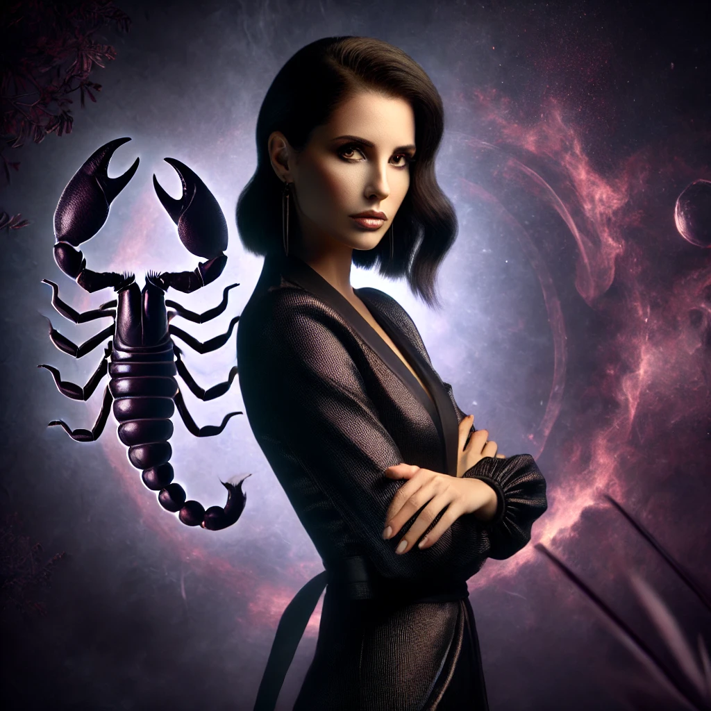 image of a powerful, mysterious woman embodying the intense energy of the Horoscope of Scorpio. Her piercing gaze, commanding pose, and dramatic background perfectly capture Scorpio’s depth, passion, and transformative essence. 