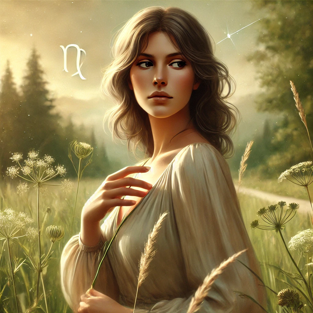  image of a calm, thoughtful woman embodying the essence of Virgo. Her serene natural surroundings, simple elegance, and focused expression capture the Horoscope of Virgo’s analytical mind, love for nature, and pursuit of order and growth.