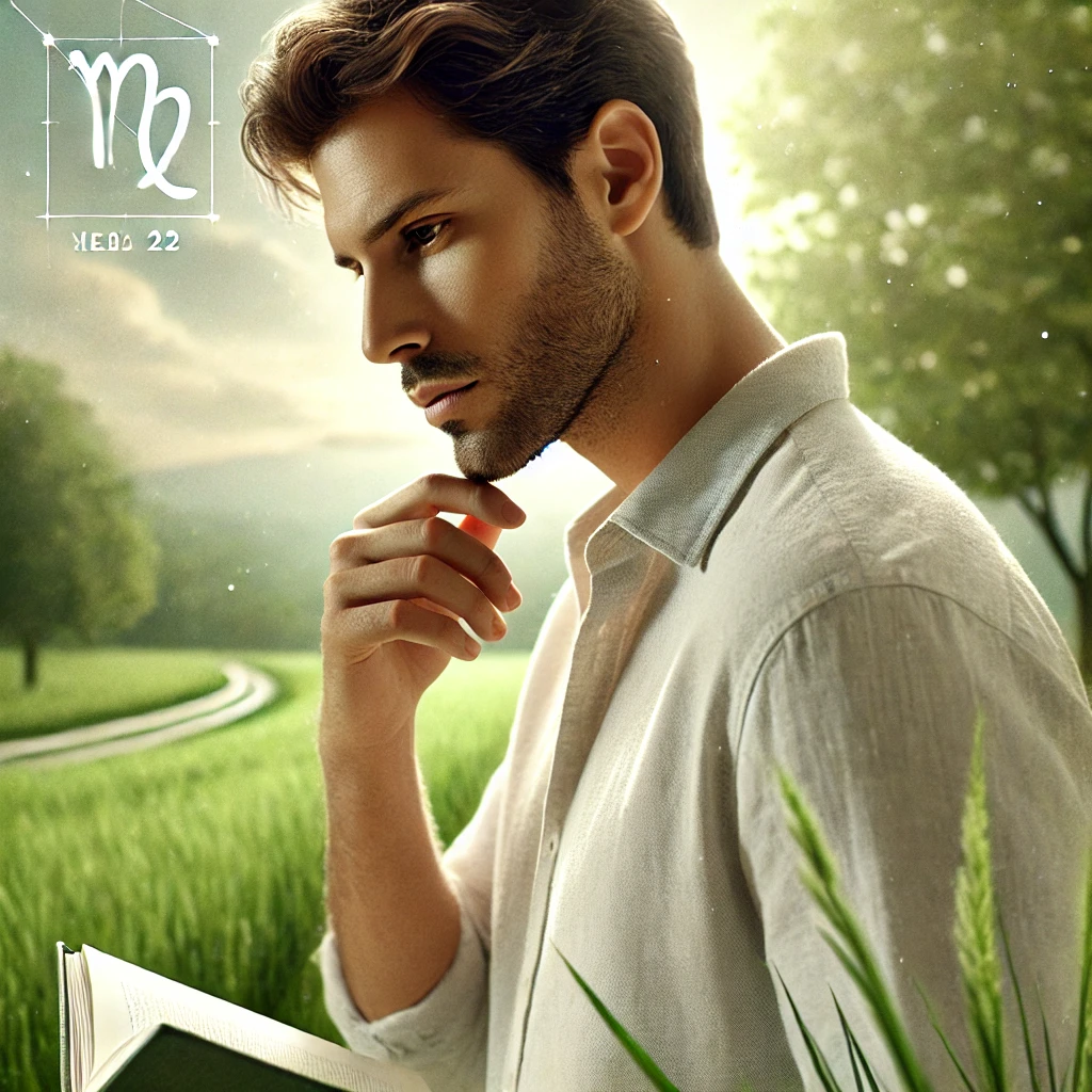 image of a calm, thoughtful man embodying the essence of the horoscope of Virgo. His focused expression, clean and simple attire, and serene natural setting reflect Virgo’s analytical mind, practicality, and connection to nature. 