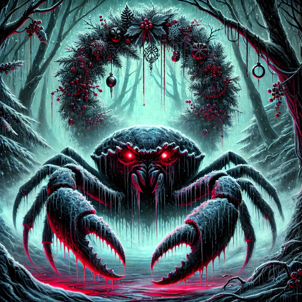 Cancer – The Phantom Crab from the Creepy Christmas Horrorscopes. It features a spectral crab with frost-covered claws and glowing red eyes, lurking beneath a haunted Christmas wreath made of twisted branches and bleeding-berry ornaments. The foggy, snow-covered forest in the background adds to the cold, eerie atmosphere.