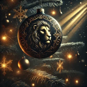 Leo-themed dark zodiac Christmas image, showcasing the sign's regal and bold nature with a mystical, festive twist. 