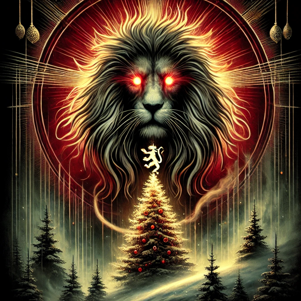 Leo – The Midnight Lion from the Creepy Christmas Horrorscopes. It features a shadowy lion with a glowing, golden mane shimmering like fire, standing atop a snowy hill. Above it floats a golden tree topper shaped like a lion’s head, casting eerie, distorted shadows. The misty, snow-covered forest in the background completes the haunting yet majestic vibe. 