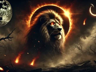 "2025 Leo Horoscope - A majestic lion with a dimly glowing mane stands in a shadowy, barren landscape. Embers fall from its fading flames, symbolizing diminishing power and pride. In the background, a partial solar eclipse casts an eerie golden-red glow, creating an intense and foreboding atmosphere that reflects the theme of transformation and identity challenges."