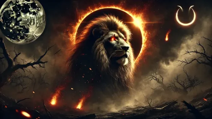 "2025 Leo Horoscope - A majestic lion with a dimly glowing mane stands in a shadowy, barren landscape. Embers fall from its fading flames, symbolizing diminishing power and pride. In the background, a partial solar eclipse casts an eerie golden-red glow, creating an intense and foreboding atmosphere that reflects the theme of transformation and identity challenges."