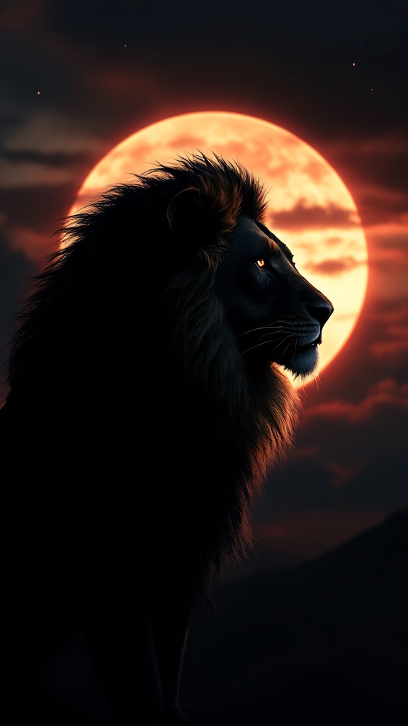 A majestic lion silhouette against a vibrant full moon.