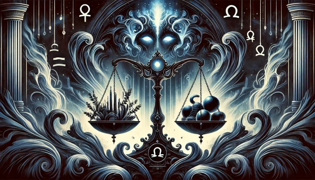 "An ominous and mystical illustration representing Libra in the Dark Zodiac. The image features a shadowy set of scales glowing faintly blue, with one side heaped with symbolic luxuries and the other side empty, symbolizing insatiable desire and imbalance. The background is a swirling blend of blue and black hues, accented with ethereal mist. Subtle Venus symbols and air motifs enhance the design, reflecting Libra’s charm, aesthetic obsession, and unquenchable longing as 'The Ravenous.'"