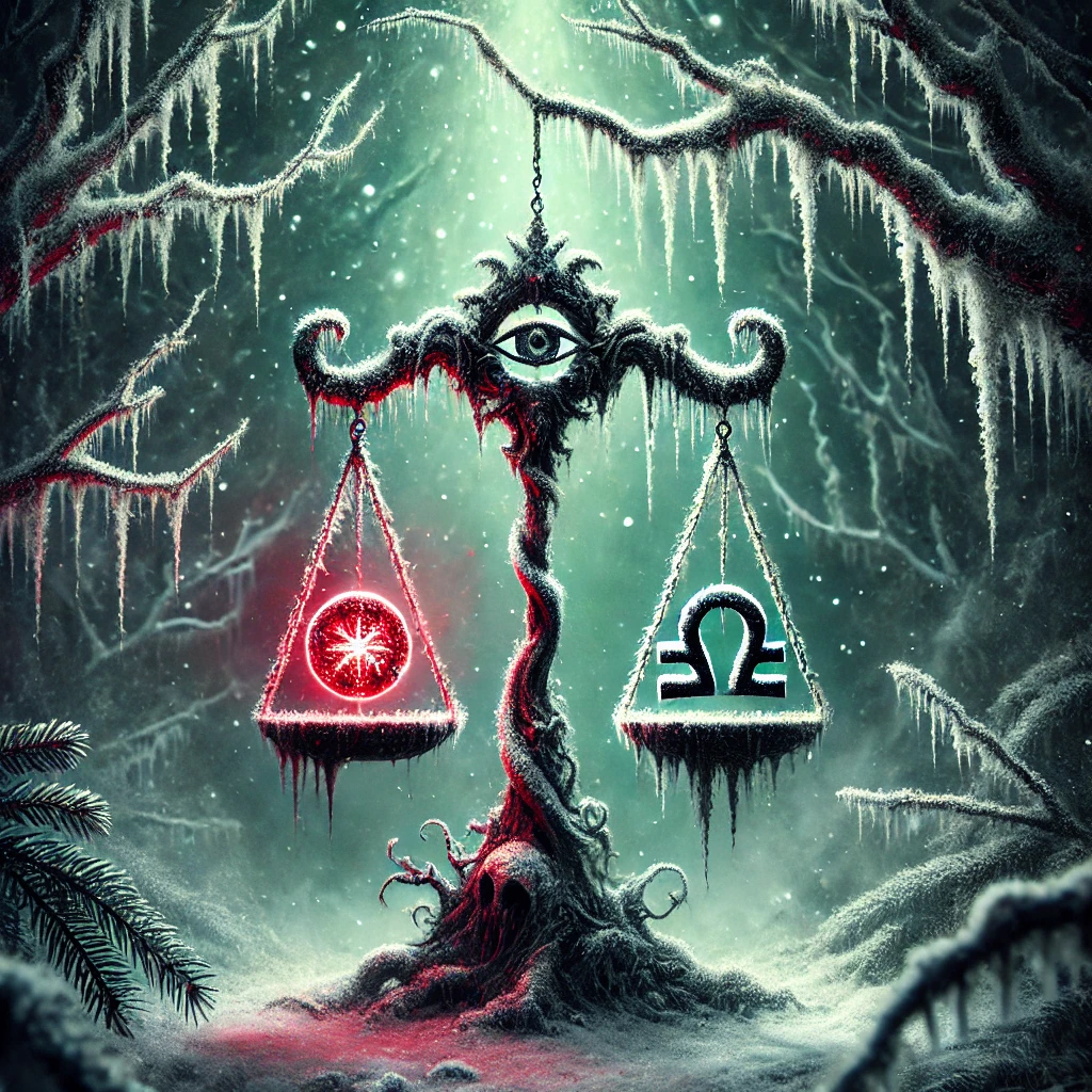 Libra – The Baleful Scales from the Creepy Christmas Horrorscopes. It features a haunted balancing scale ornament hanging from a twisted, frost-covered Christmas tree branch. One side holds a glowing red orb, while the other holds a cracked, blackened snowflake, and no matter how it hangs, the scales are always uneven. The foggy, snow-dusted forest in the background adds to the eerie, mystical ambiance.