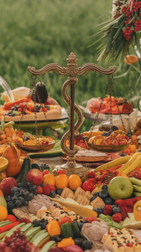 A scale with fruits and desserts on either side, symbolizing balance and gluttony.