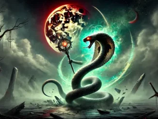 In this 2025 Ophiuchus Horoscope - A spectral figure representing the Serpent Bearer stands on glowing, shattered ground, encircled by a radiant serpent with its head raised as if guiding them. In the background, a fiery blood-red lunar eclipse illuminates the sky, with golden rays breaking through stormy clouds. The scene symbolizes rebirth, transformation, and the culmination of inner power.