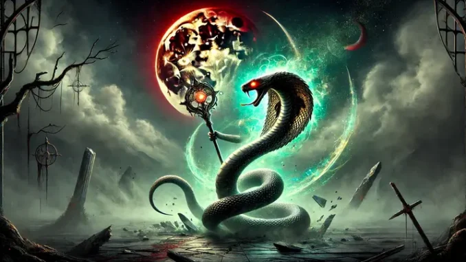 In this 2025 Ophiuchus Horoscope - A spectral figure representing the Serpent Bearer stands on glowing, shattered ground, encircled by a radiant serpent with its head raised as if guiding them. In the background, a fiery blood-red lunar eclipse illuminates the sky, with golden rays breaking through stormy clouds. The scene symbolizes rebirth, transformation, and the culmination of inner power.