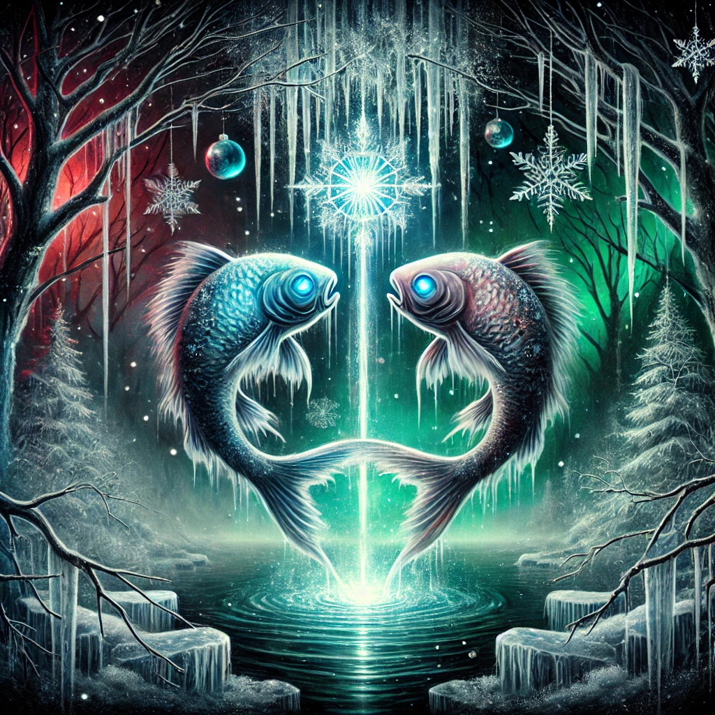 Pisces – The Drowning Dreamer  It features two ethereal, ghostly fish swimming in an endless loop around an enchanted, glowing crystal icicle that drips slowly but never forms a puddle. The fish have hollow, glowing blue eyes, and their frost-like bodies shimmer with icy patterns. The foggy, snow-dusted forest in the background, illuminated by an eerie red-green glow, completes the mystical, haunting holiday vibe.