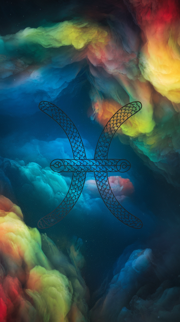 Artistic representation of the Pisces symbol with colorful, swirling background.