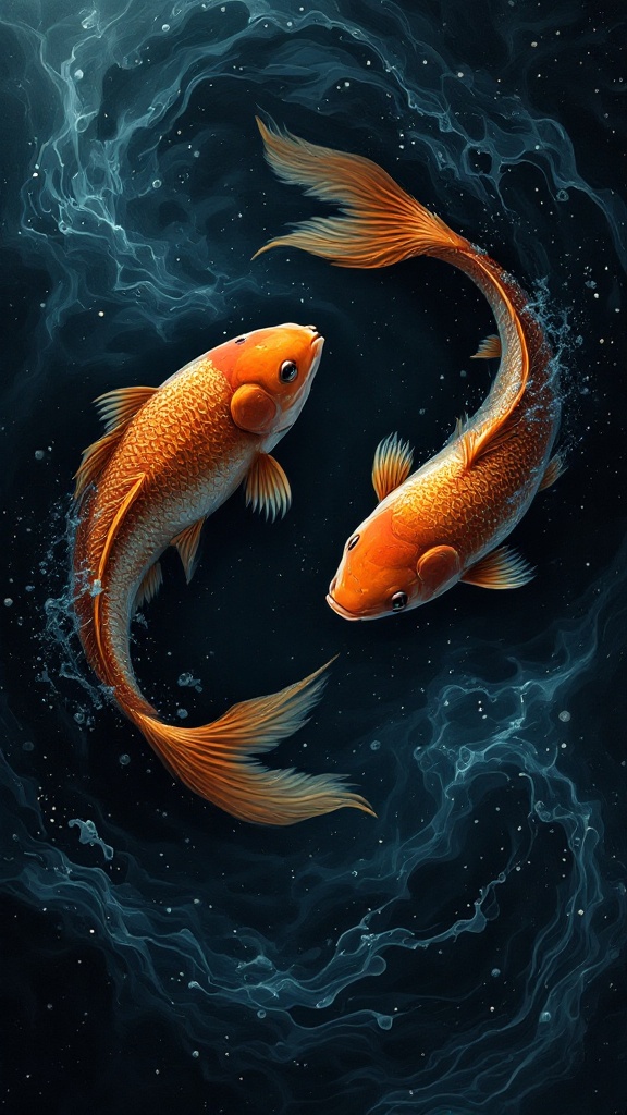 Two goldfish swimming in dark water from horoscope weekly