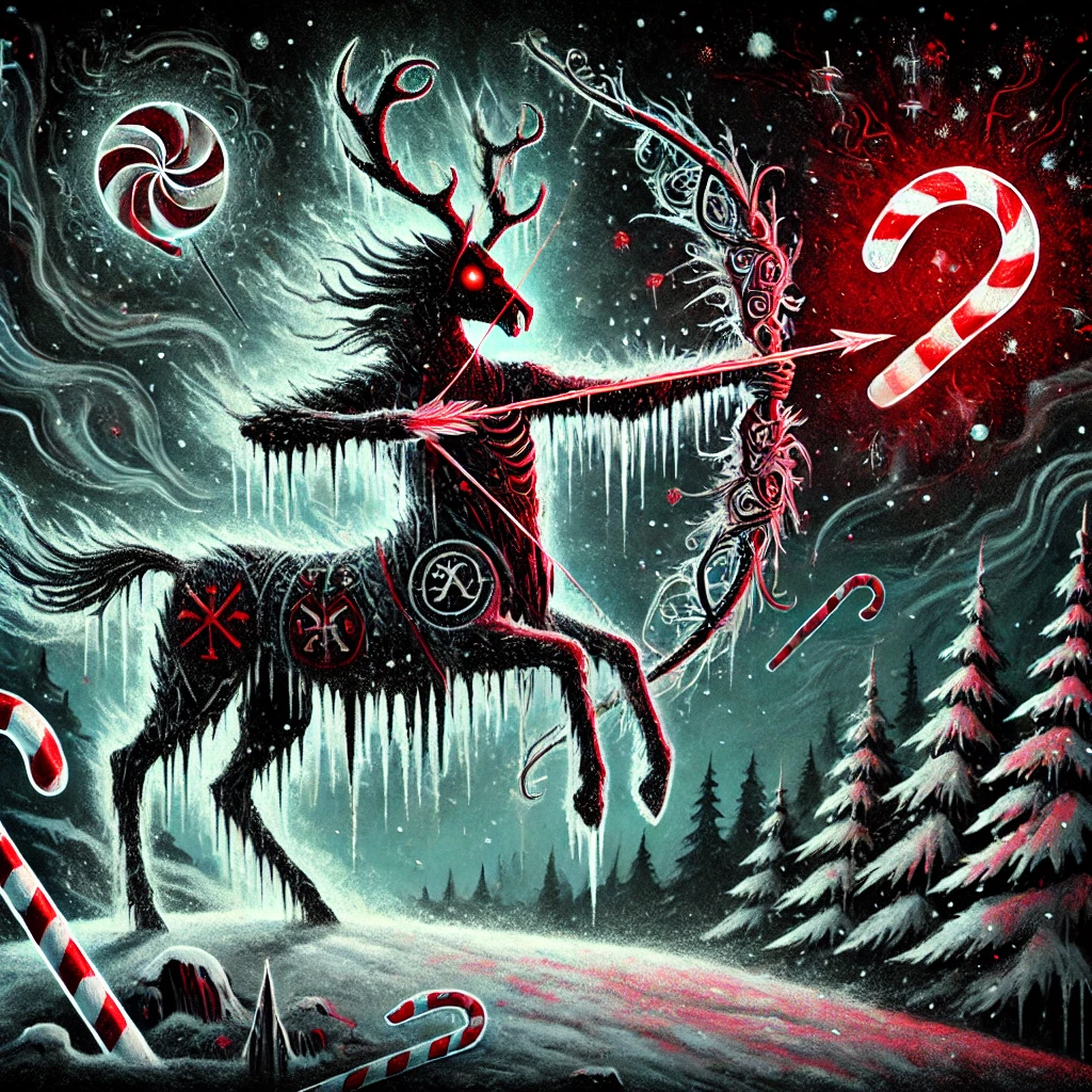 Sagittarius – The Cursed Archer from the Creepy Christmas Horrorscopes. It features a dramatic, spectral centaur archer with glowing red eyes, drawing back a bow of icy crystal. The arrow is a cursed candy cane marked with magical runes. Above, a fiery red, cursed reindeer bell floats mid-air, casting an ominous glow. The scene is set in a swirling blizzard atop a snowy hill, with the bold red and green glow of a foggy forest in the background.