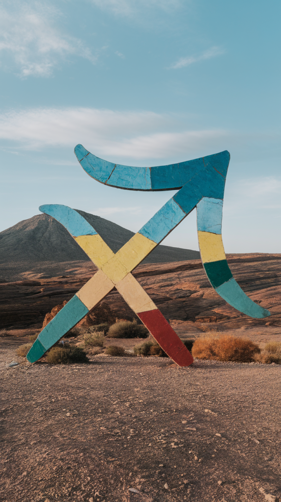 Colorful Sagittarius symbol sculpture against a clear sky and mountain backdrop