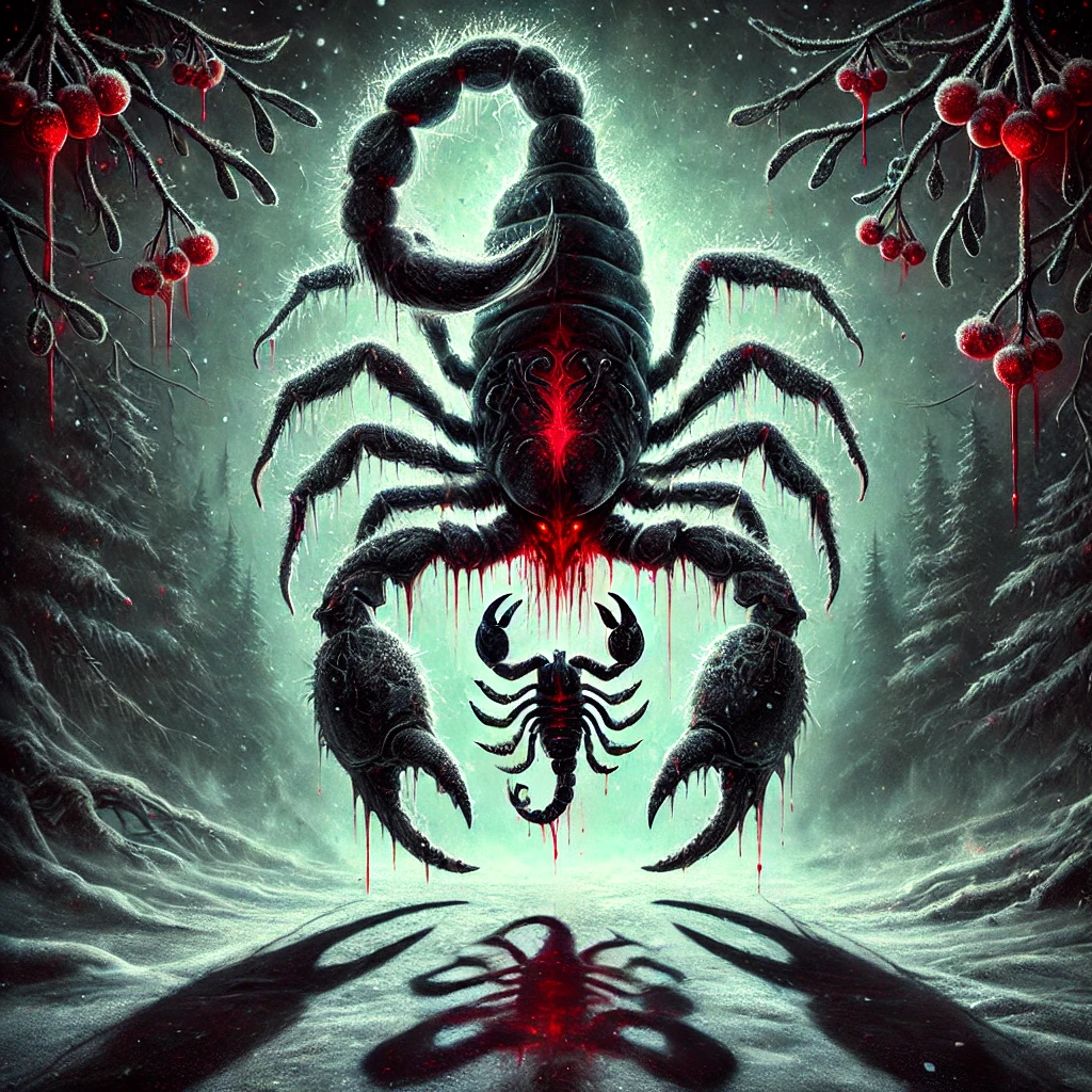 Scorpio – The Stinging Shade from the Creepy Christmas Horrorscopes. It features a ghostly scorpion with frost-tipped pincers and a glowing red stinger dripping with eerie liquid. Above it hangs a cursed mistletoe with twisted black leaves and glowing crimson berries that resemble tiny eyes. The foggy, snow-covered forest and red-green glow complete the haunting atmosphere. 