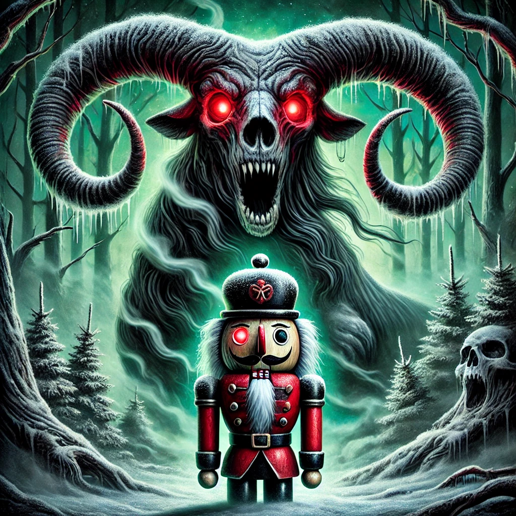 Taurus – The Haunted Bull from the Creepy Christmas Horrorscopes. It features a shadowy bull with glowing red eyes and frost-dusted horns, standing in a foggy, snow-covered forest. A possessed wooden nutcracker with a sinister grin sits nearby, adding an extra layer of unsettling holiday horror.