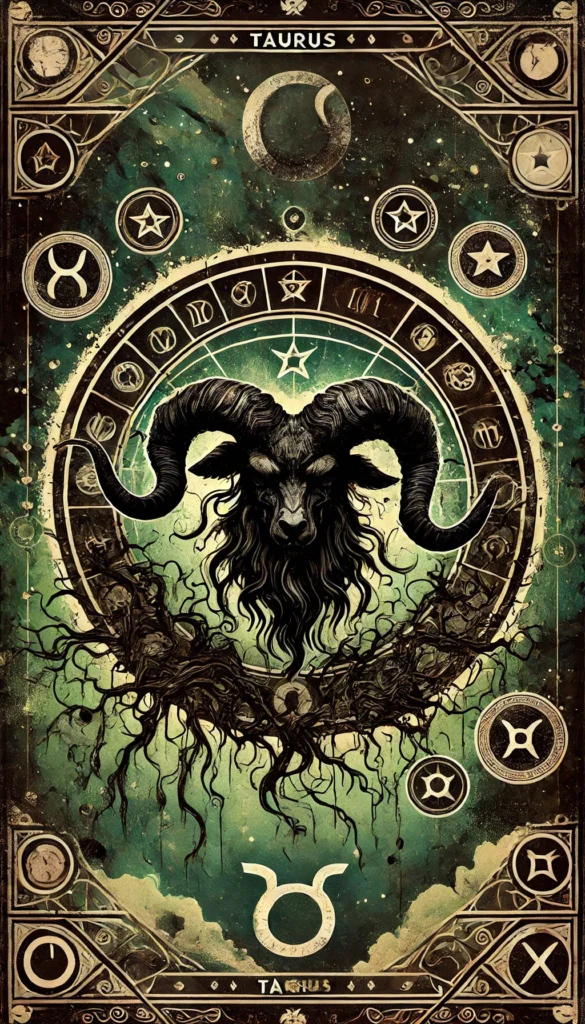 The mystical and powerful image representing the dark desires of Taurus' Black Zodiac spirit, "The Fallen Demon. 