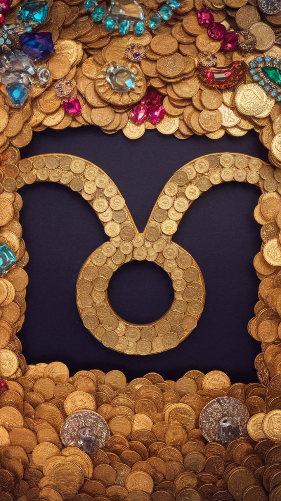 An artistic arrangement of gold coins and jewels forming the Taurus symbol representing the sin of GREED.  One of 7 deadly sins.